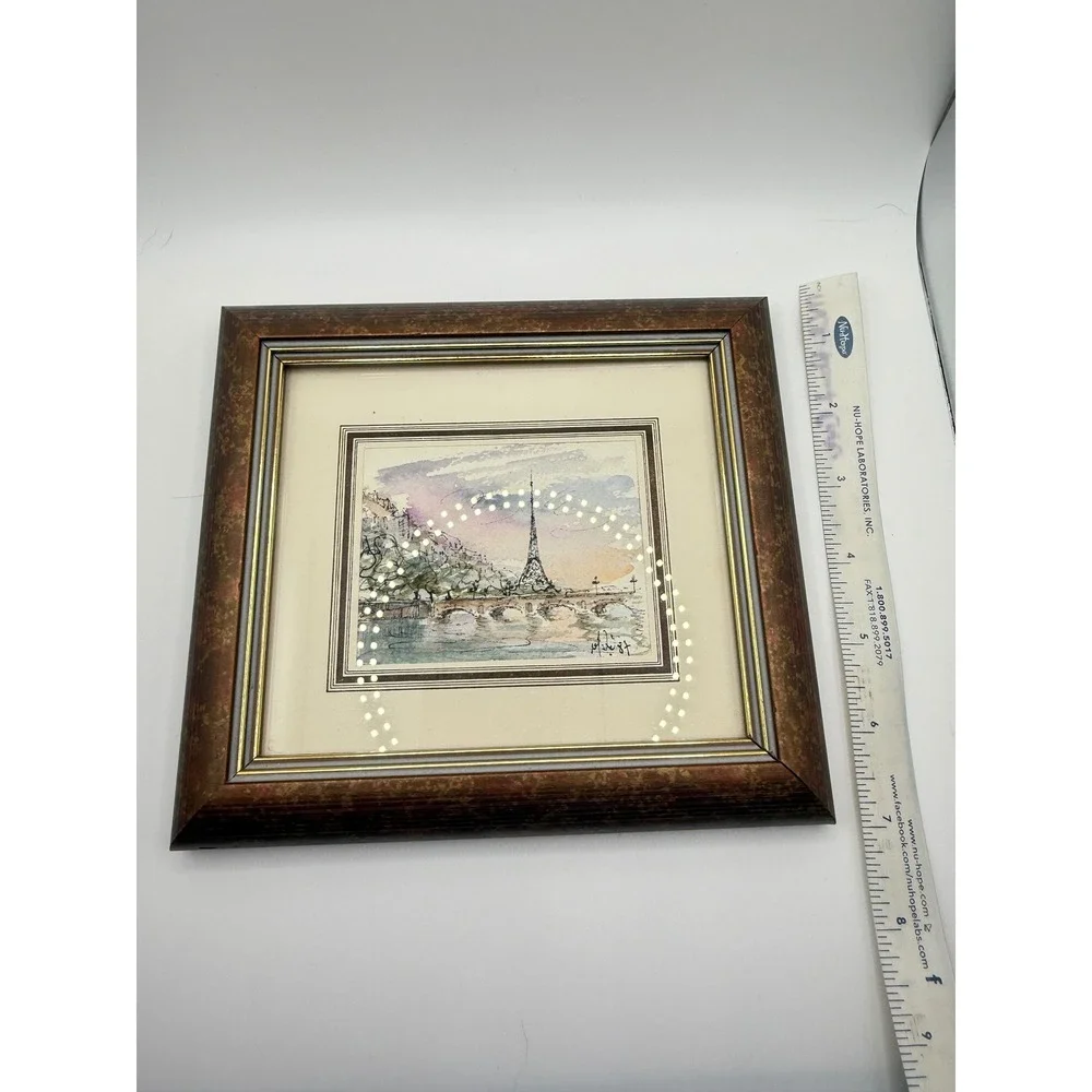 Vintage 1987 miniature Paris Eiffel Tower Original Watercolor Framed Painting - Picture 5 of 5